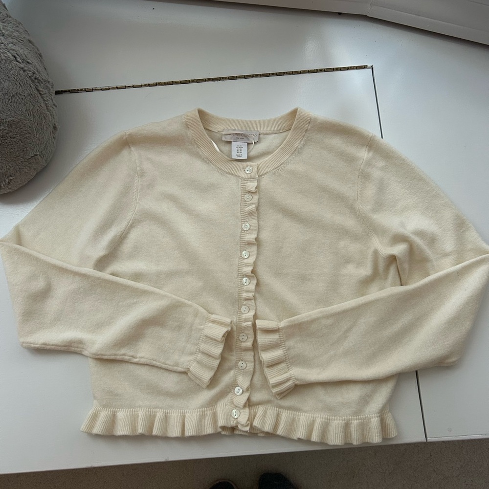 Caroline Constas Cream Ruffle-Trim Button Cardigan